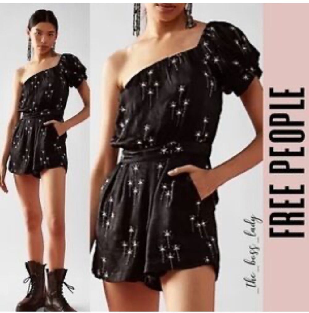 Free People Gemini One Shoulder Beaded Silky Party Romper Size S Cowgirl Rodeo